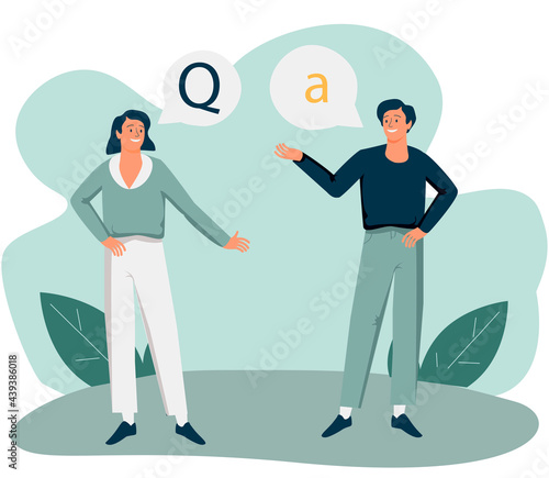 Questions and answers or ask clarify unclear information tiny person concept. Conversation scene with dialog text bubble vector illustration. Reply, support, give advice or comment to solve problem.