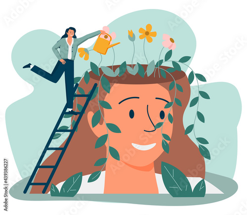 Tiny people and beautiful flower garden inside female head isolated flat vector illustration. Cartoon characters healing mind and soul for happy lifestyle. Mental health and infographics concept