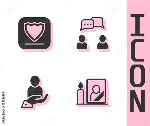 Set Mourning photo frame, Shield, Life insurance hand and Speech bubble chat icon. Vector