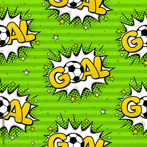 Seamless pattern with soccer ball and comic goal on a green field. Football balls in explosion and soccer striped grass field. Vector illustration for the design of sports posters  banners and design.