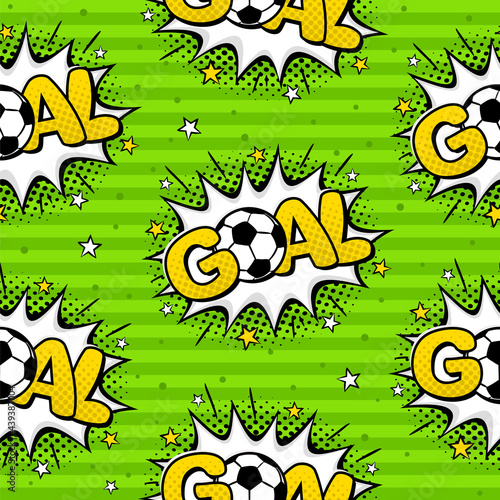 Seamless pattern with soccer ball and comic goal on a green field. Football balls in explosion and soccer striped grass field. Vector illustration for the design of sports posters, banners and design.