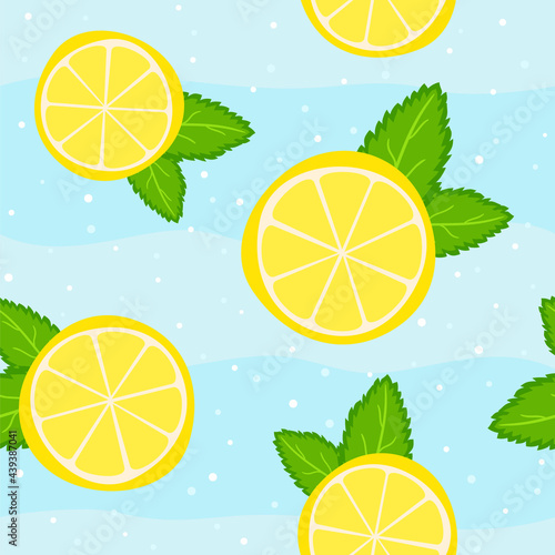 Seamless summer pattern from lemon slices and mint leaves. Refreshing juicy background with mojito or lemonade idea. Vector illustration on the theme of summer, sun, heat and relaxation.