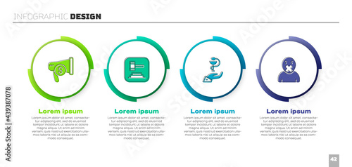 Set Megaphone and dollar, Judge gavel, Caduceus snake medical and Censor freedom of speech. Business infographic template. Vector