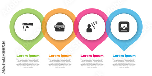 Set Pistol or gun, Censored stamp, Police beat human and Heart rate. Business infographic template. Vector