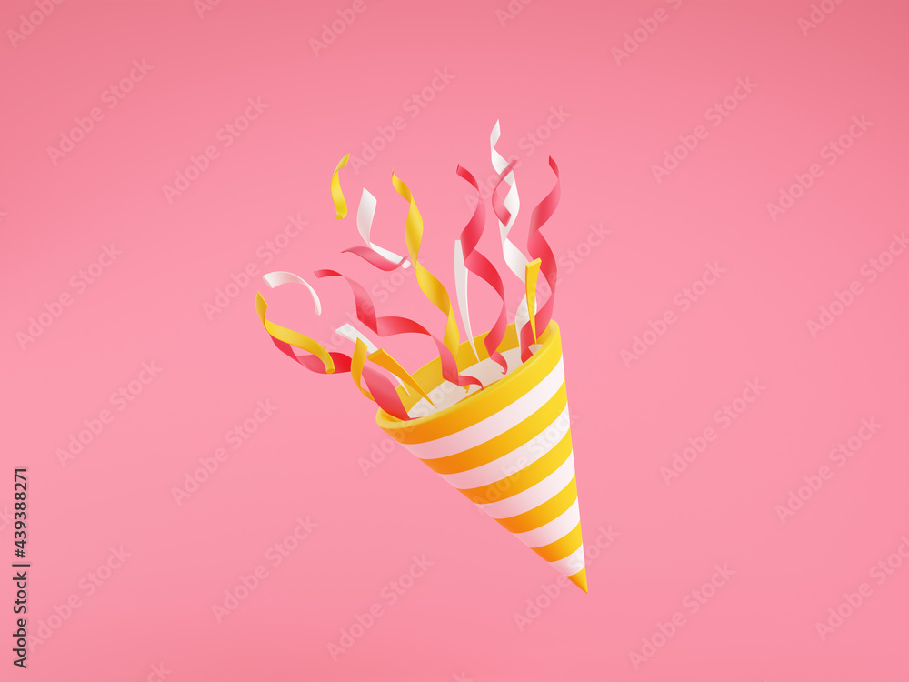 Party popper with flying confetti 3d render illustration on pink background.