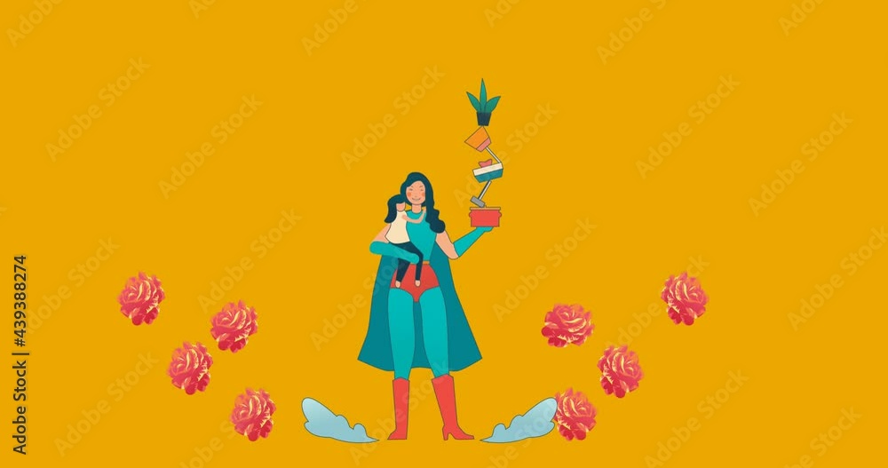 Animation of superhero mum with daughter and plants over flowers moving in hypnotic motion on orange Animation of superhero mum with daughter and plants over flowers moving in hypnotic motion on orange