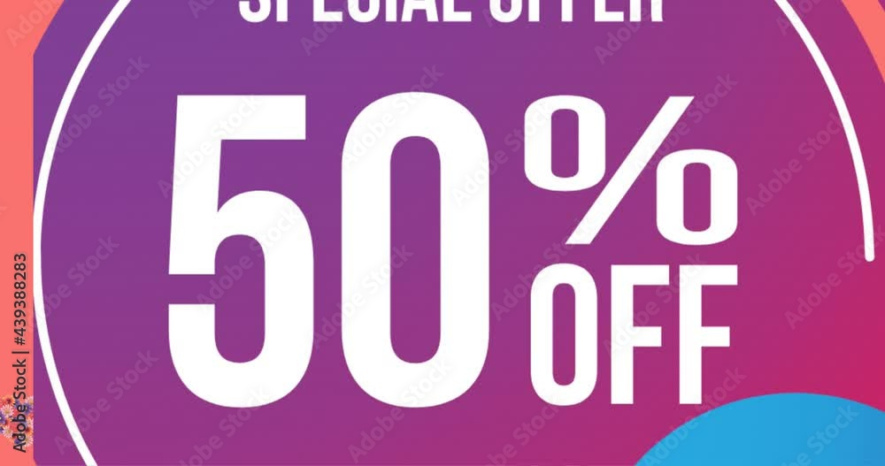 Animation of special offer 50 percent off text over flowers moving in hypnotic motion Animation of special offer 50 percent off text over flowers moving in hypnotic motion