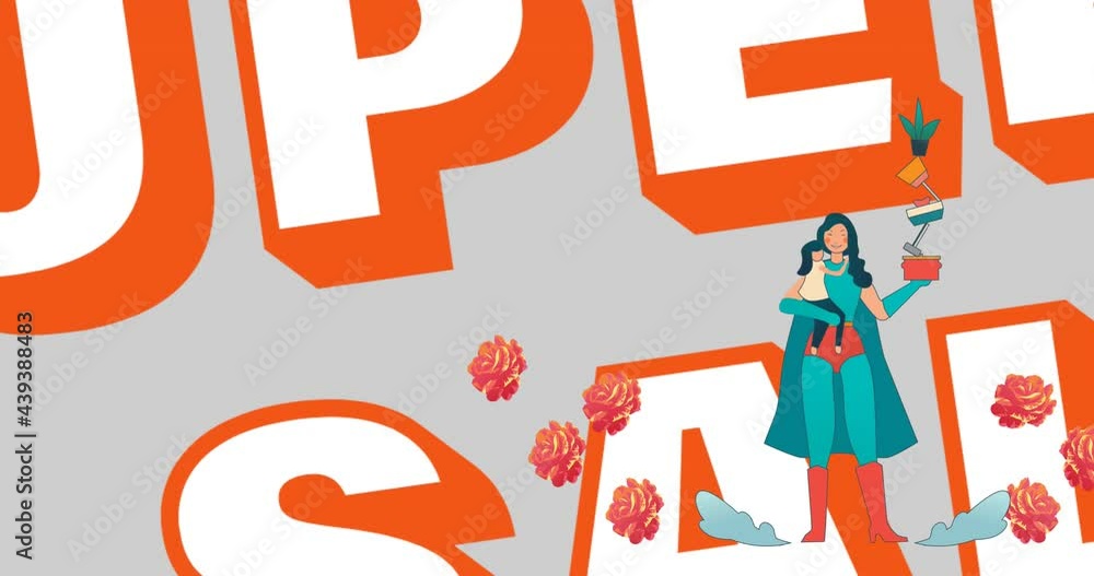 Animation of superhero mum and super sale text over flowers moving in hypnotic motion