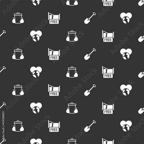 Set Shovel, The heart world - love, Trash can and Free overnight stay house on seamless pattern. Vector
