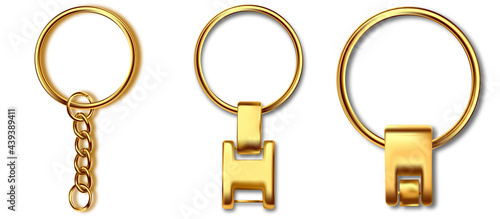Leather keychain, trinket keyring mockup. Keyholder and breloque illustration. Keyring holders isolated on white background. Blank accessory.