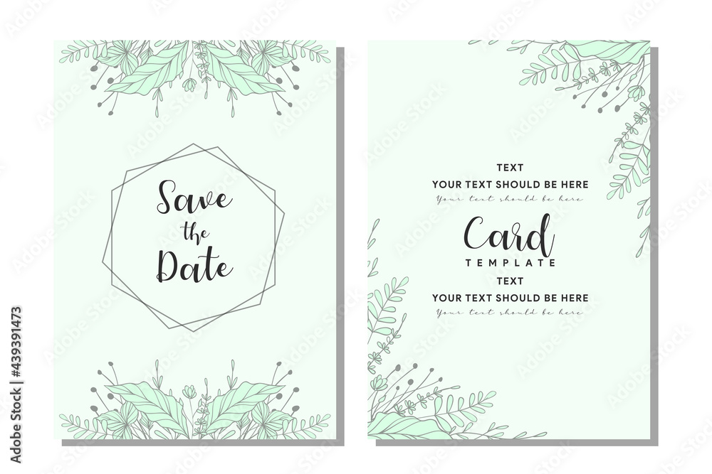 blue wedding invitation design with tropical plant outline