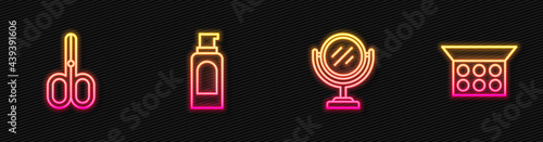 Set line Round makeup mirror, Scissors, Spray can for hairspray and Makeup powder with. Glowing neon icon. Vector