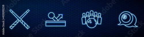Set line Bowling pin and ball, Crossed billiard cues, Billiard and . Glowing neon icon on brick wall. Vector
