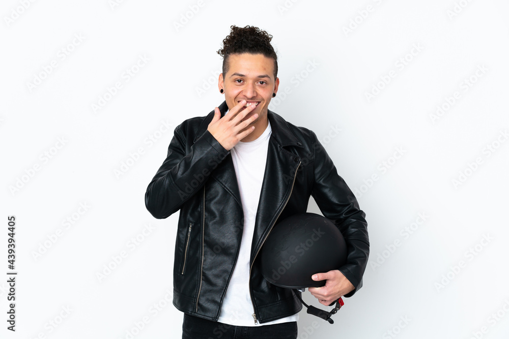 Caucasian man with a motorcycle helmet over isolated white background with surprise facial expression Caucasian man with a motorcycle helmet over isolated white background with surprise facial expression