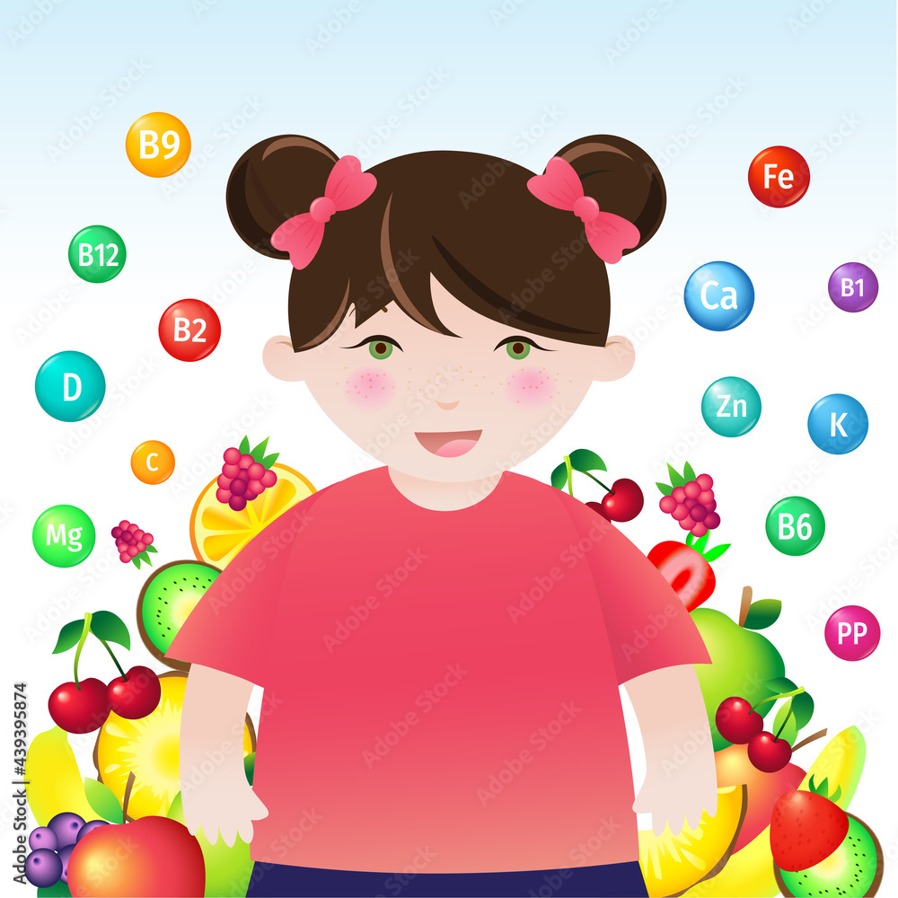 Vector illustration of happy and healthy child. Vitamins and healthy foods for children. Vector illustration of happy and healthy child. Vitamins and healthy foods for children.