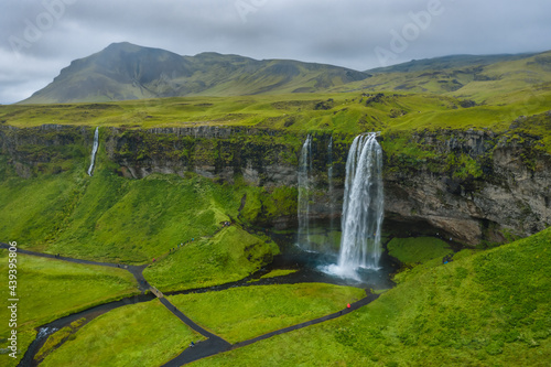 Aerial view of Seljalandsfoss - most famous best known and visited waterfalls in Iceland.