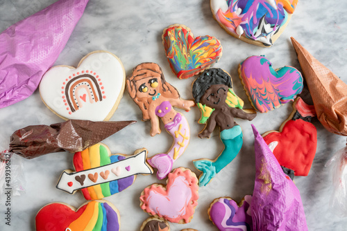 Diverse childishly decorated Valentine cookies photo