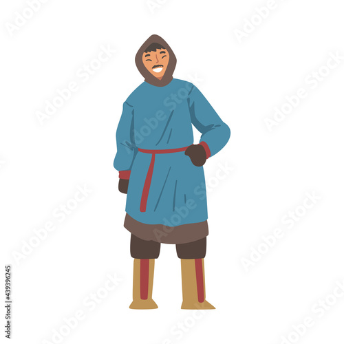 Cheerful Polar Man Character, North Eskimo Man in Traditional Clothing Cartoon Vector Illustratio