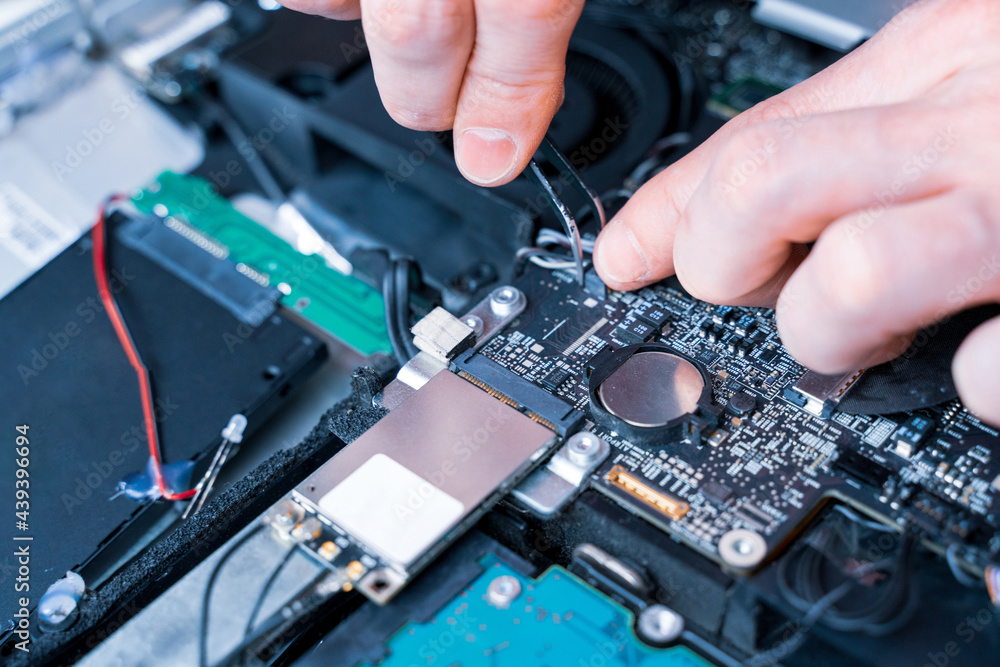 Technology repair of pc electronic equipment. Computer service. Technician engineer man do maintenance of hardware. Technology repair of pc electronic equipment. Computer service. Technician engineer man do maintenance of hardware.