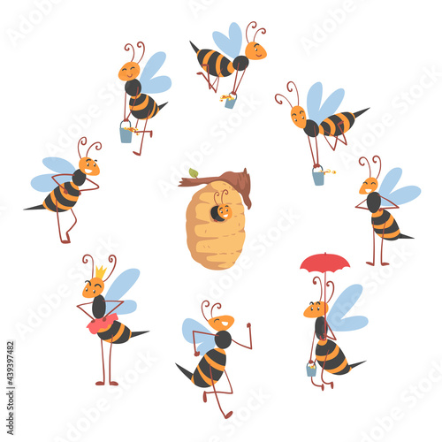 Cute Bees Flying around the Hive, Cute Happy Funny Working Bee Characters Cartoon Vector Illustration
