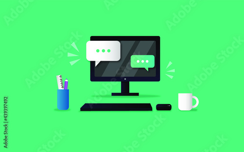 Flat computer design with keyboard and mouse, mug and pencil holder on water green screen vector illustration .