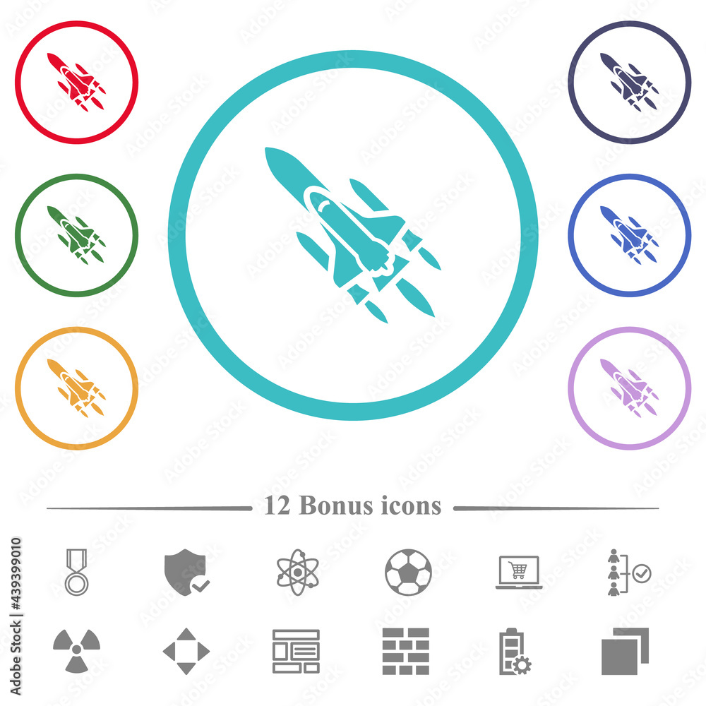 Space shuttle with launchers flat color icons in circle shape outlines