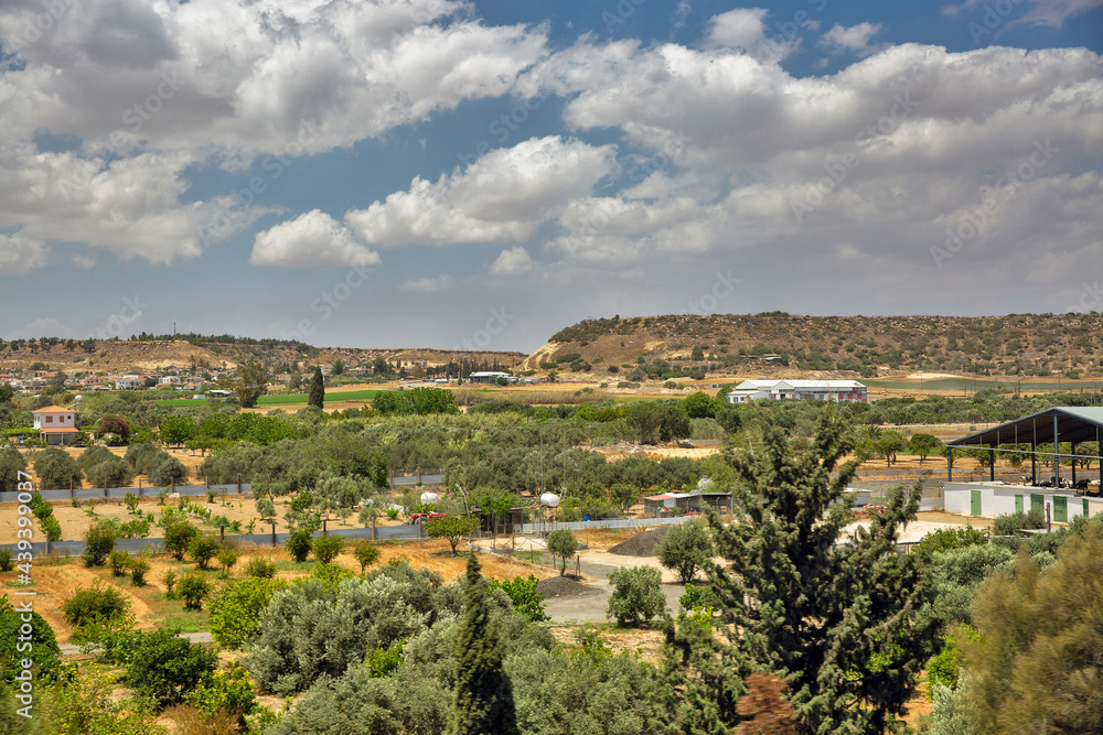 Typical Cypriot landscape wit village and hills close to Larnaca, Cyprus.