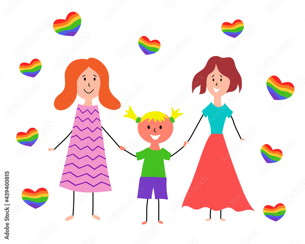 Lgbt family. Children's drawing. Two happy lesbian women with girl. Vector hand drawing illustration. Lgbt family. Children's drawing. Two happy lesbian women with girl. Vector hand drawing illustration.