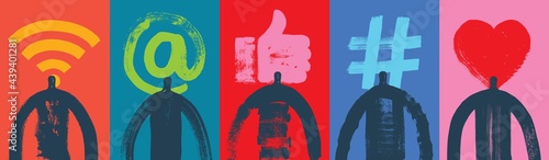 Five Head and Shoulders Silhouettes with Social Media Symbols