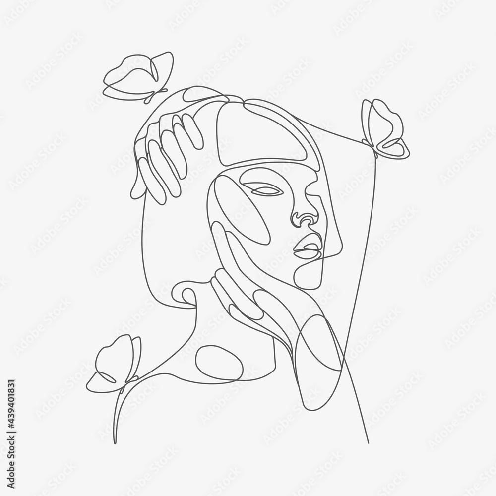 Woman head with butterfly composition. Hand-drawn vector line-art illustration. One Line style drawing. Woman head with butterfly composition. Hand-drawn vector line-art illustration. One Line style drawing.