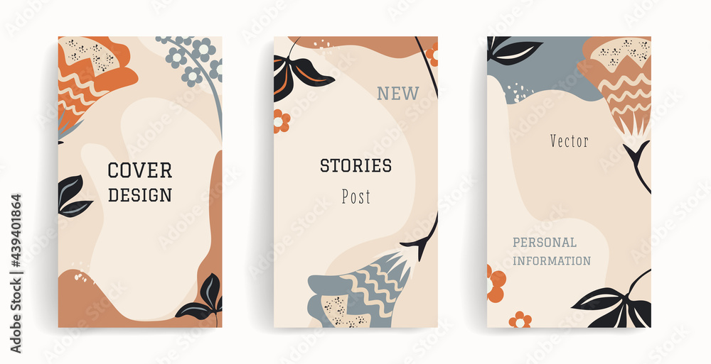 Vector design template for social media posts, stories, banners, mobile, ads. Layout with copy space for text, abstract shapes, flowers, leaves. Stylish natural colors. Orange, blue, beige, brown
