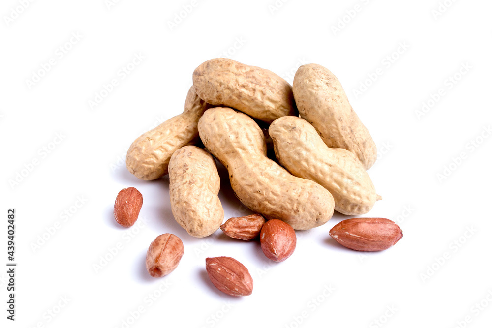 Peeled peanuts and peanut pod isolated on white background. Peeled peanuts and peanut pod isolated on white background.