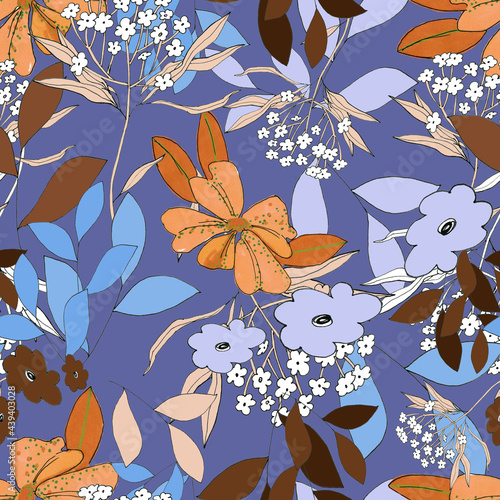 watercolor illustration seamless pattern bright flowers,grass and leaves,Boho style,retro ,for wrappers,postcards,greeting cards,wedding invites,romantic evens,