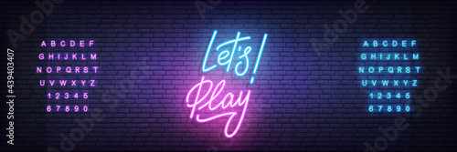 Let's Play neon template. Glowing neon lettering Lets play sign