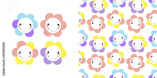 Abstract icons multicolored flowers with faces. Seamless vector pattern with floral smilies on a white background.