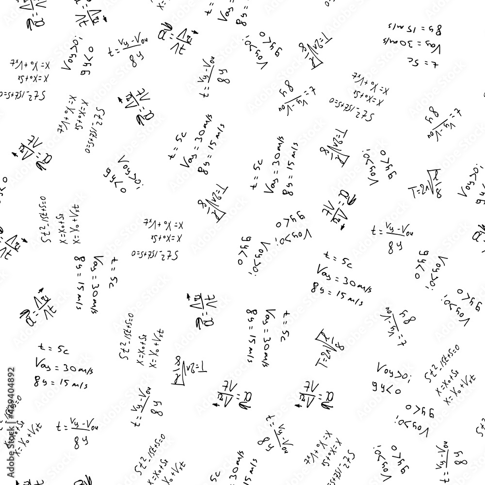 Flat monochrome vector seamless mathematical motif pattern. Cute doodle with algebraic expressions and symbols. Vector illustration , element for design. On a white background. Science. Knowledge.