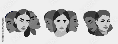 Set of Women with different personalities. Split Personality, bipolar disorder, Mood, emotions, mind Mental, psycho therapy concept. Abstract Vector illustrations