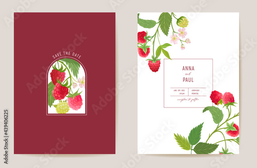 Wedding raspberry floral vector card  berry fruits  flowers  leaves invitation. Watercolor template frame