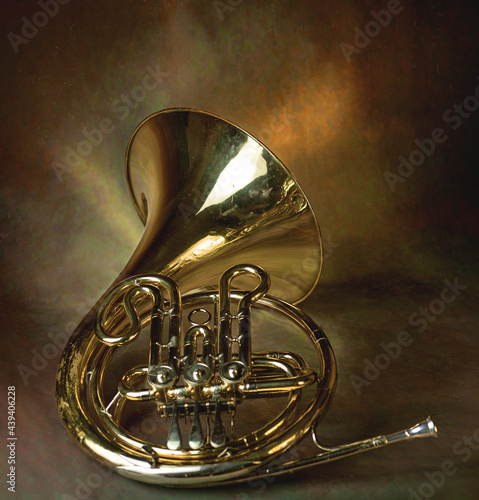 french horn on black, as background, card, frame, banner, music theme