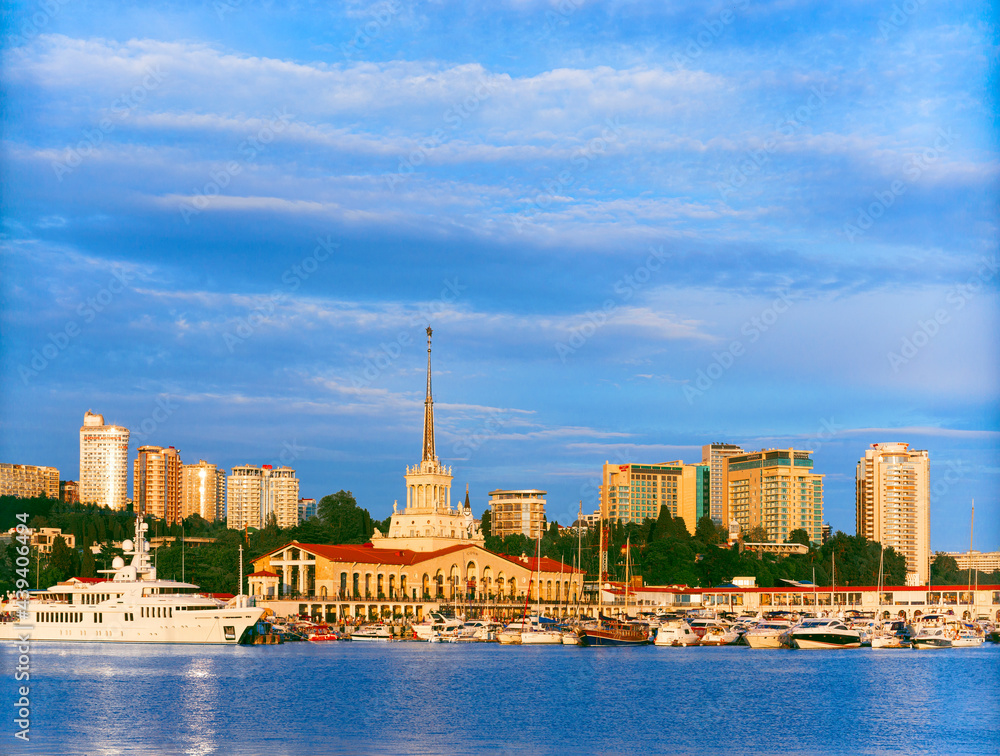 Russia, Sochi, seaport, Sea station, Ships and yachts at the pier. Cityscape of Sochi, summer 2021
