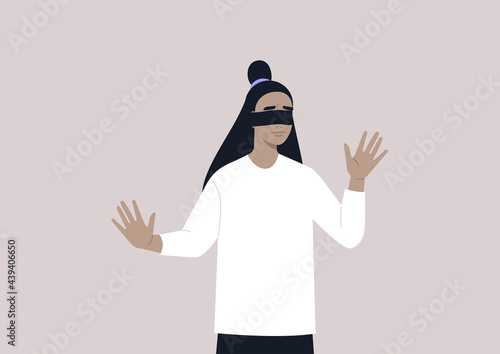 A young female character with blindfolded eyes trying to find the way out