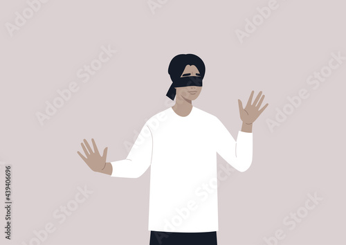 A young male character with blindfolded eyes trying to find the way out