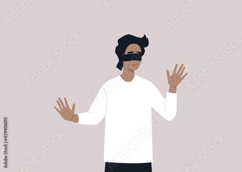 A young male character with blindfolded eyes trying to find the way out photo