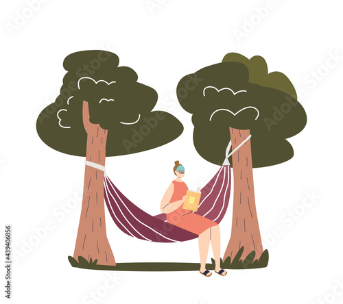 Young woman sit in hammock and read book outdoors in garden or forest. Female relax or study outside