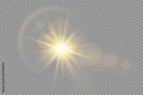 Yellow glowing light bright star, golden sun.