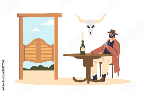 Country guy at bar: texas cowboy at table drinking in wild west tavern. Western retro saloon