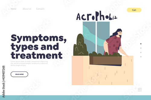 Phobia symptom, type and treatment concept of landing page with woman suffering from acrophobia
