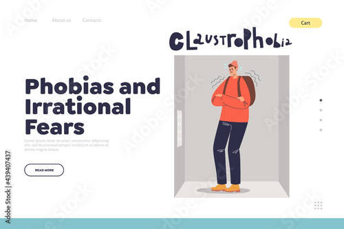 Phobia and irrational fear concept of landing page with man suffering from claustrophobia, scared of small spaces