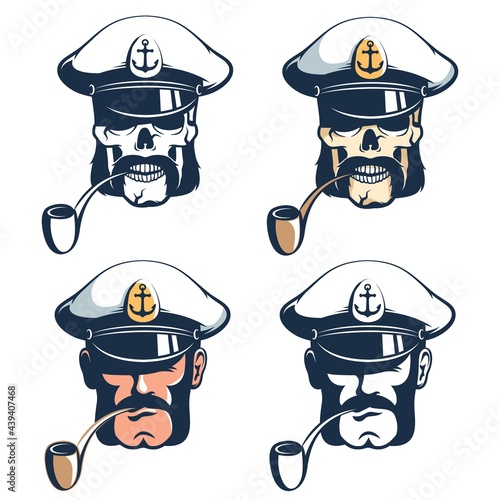Ship captain head with pipe. Captain skull pirate vector illustration set photo