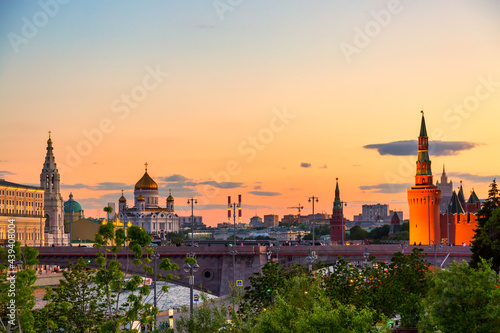 Beautiful sunrise over the Moscow River, Cathedral of Christ the Saviour and embankment of the Kremlin. Summer sunrise in Moscow, Russia.